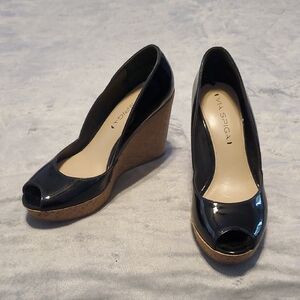 Via Spiga Black Patent Wedge Peep Toe Shoes